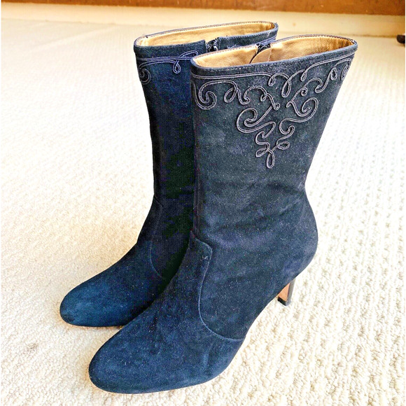 Ann Taylor Black Suede Boots High Heel Mid-Calf Soutache Embroidery  Zip US 7.5M - Picture 5 of 10